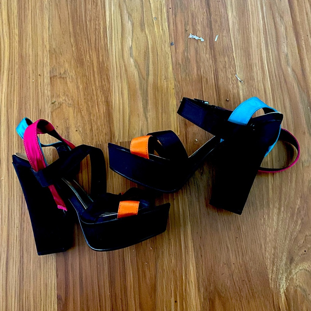 Retro strappy suede & satin colorful platforms